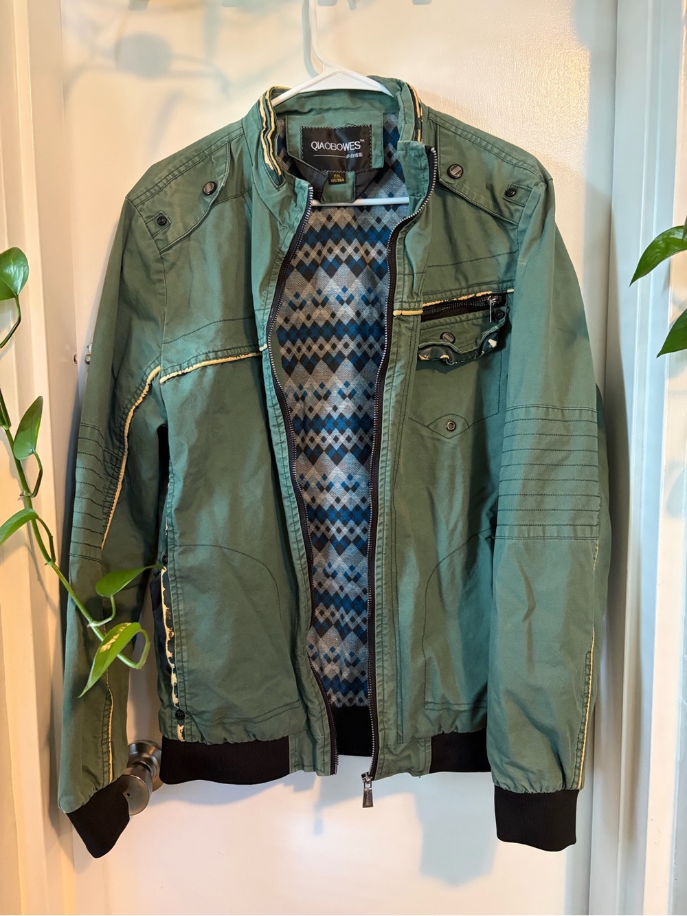QIAOBOWES Military-Style Bomber Jacket – Olive Green